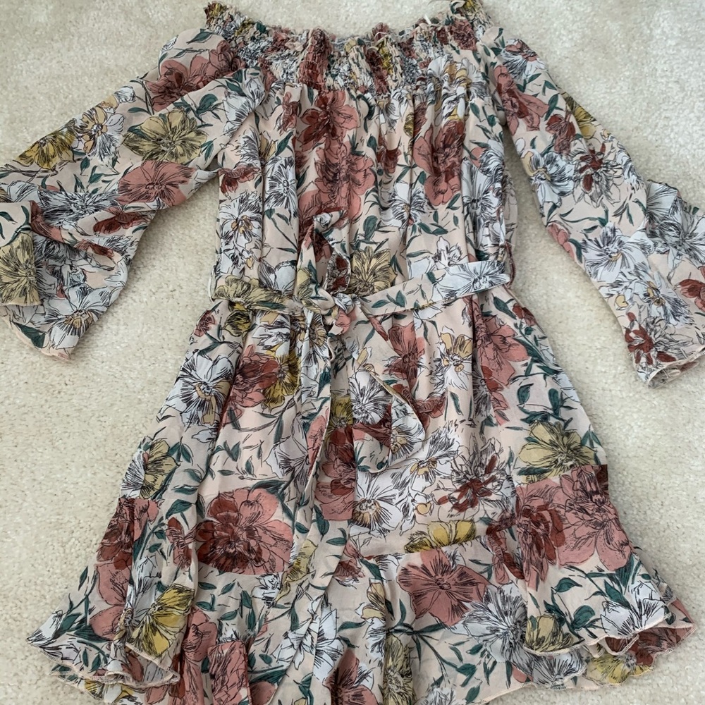 Floral Off the Shoulder Belted Tunic Dress